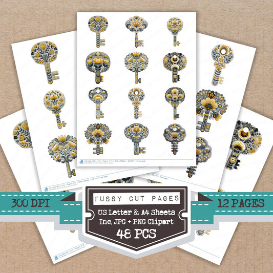 Folk Art Key fussy cut printable sheets for junk journaling, scrapbooking, and paper craft projects