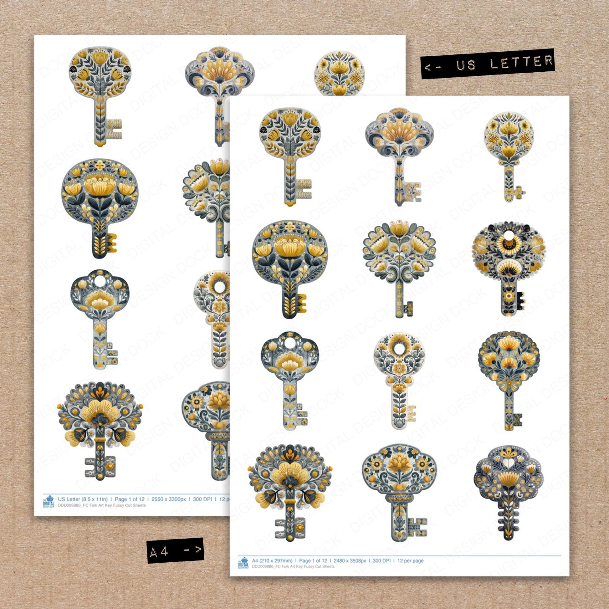 A4 and US Letter format comparison showing Folk Art Key fussy cut pages for print and cut crafting