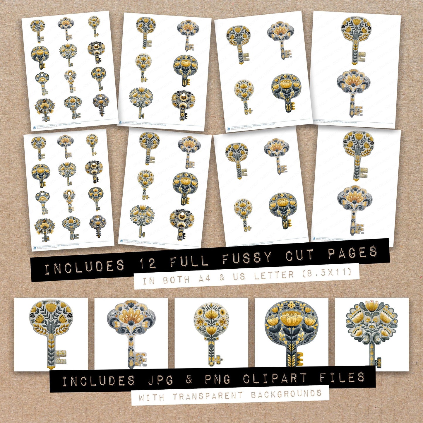 Full collection view of Folk Art Key fussy cut sheets with bonus clipart JPG and PNG files