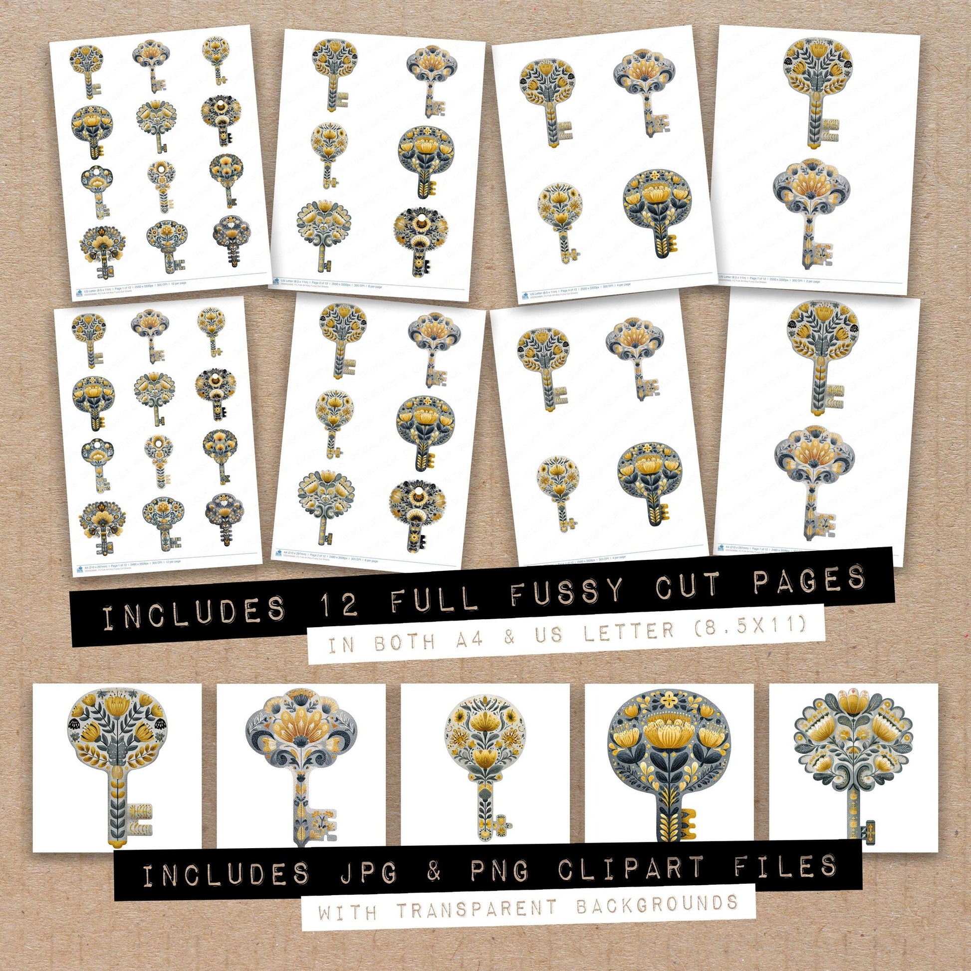 Full collection view of Folk Art Key fussy cut sheets with bonus clipart JPG and PNG files