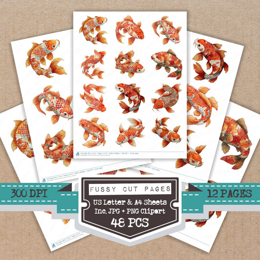 Folk Art Koi Carp fussy cut printable sheets for junk journaling, scrapbooking, and paper craft projects
