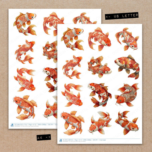A4 and US Letter format comparison showing Folk Art Koi Carp fussy cut pages for print and cut crafting