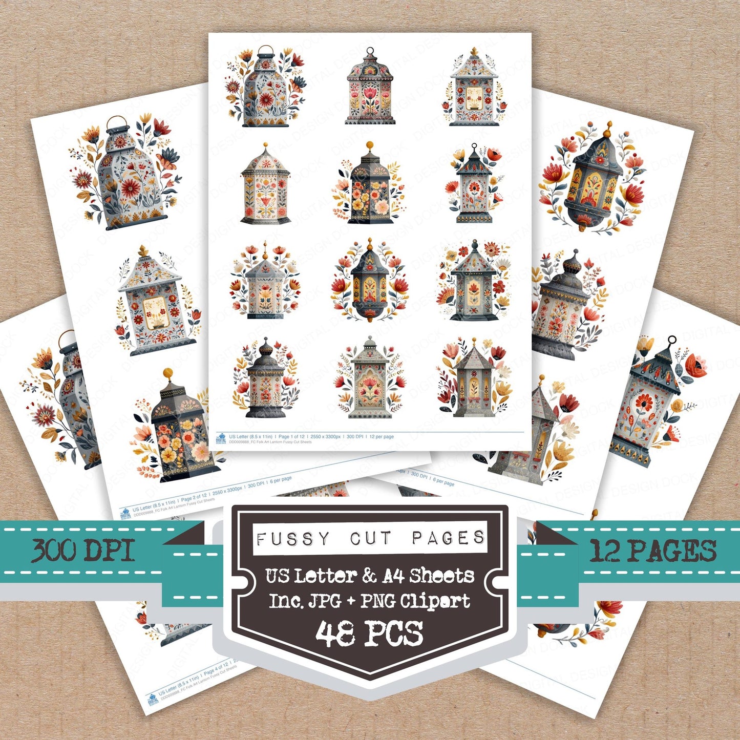 Folk Art Lantern fussy cut printable sheets for junk journaling, scrapbooking, and paper craft projects