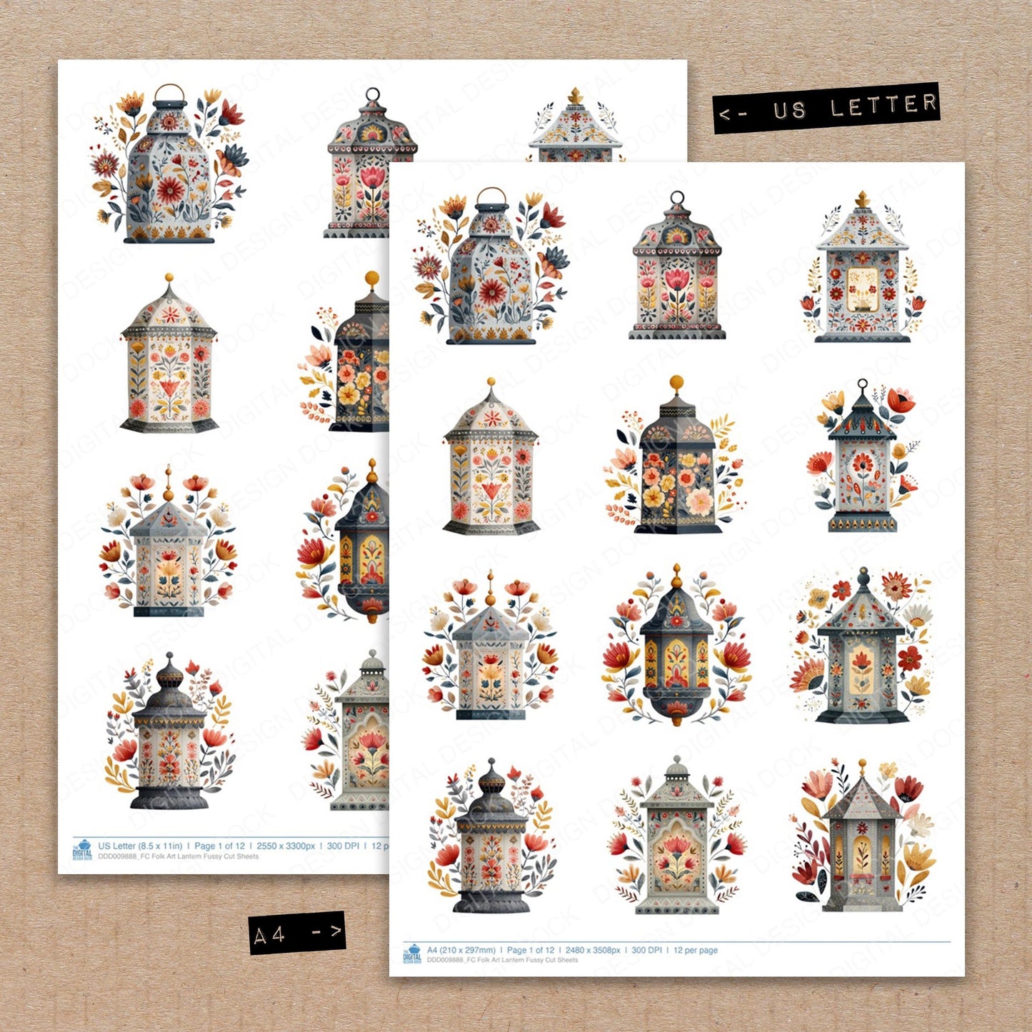 A4 and US Letter format comparison showing Folk Art Lantern fussy cut pages for print and cut crafting
