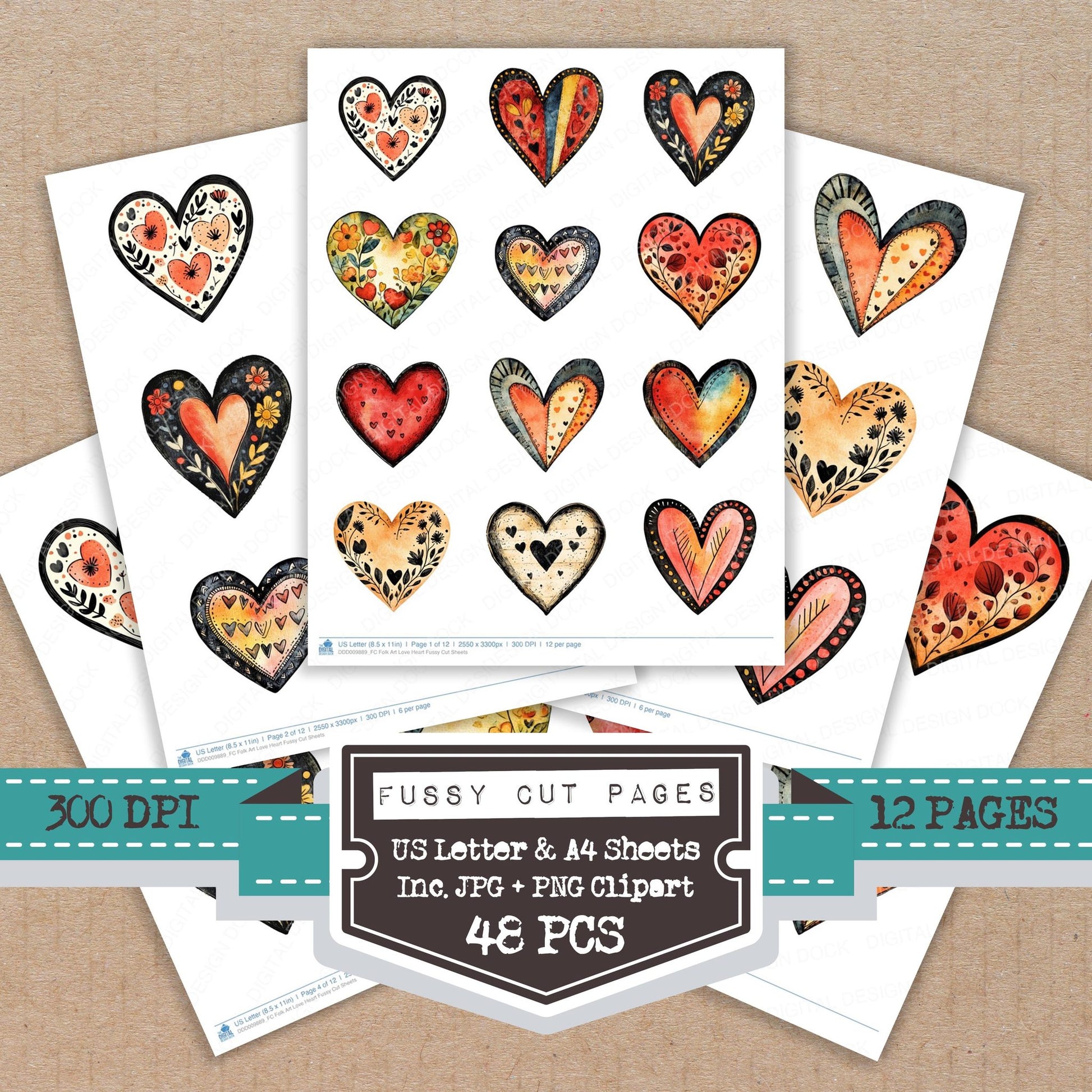 Folk Art Love Heart fussy cut printable sheets for junk journaling, scrapbooking, and paper craft projects