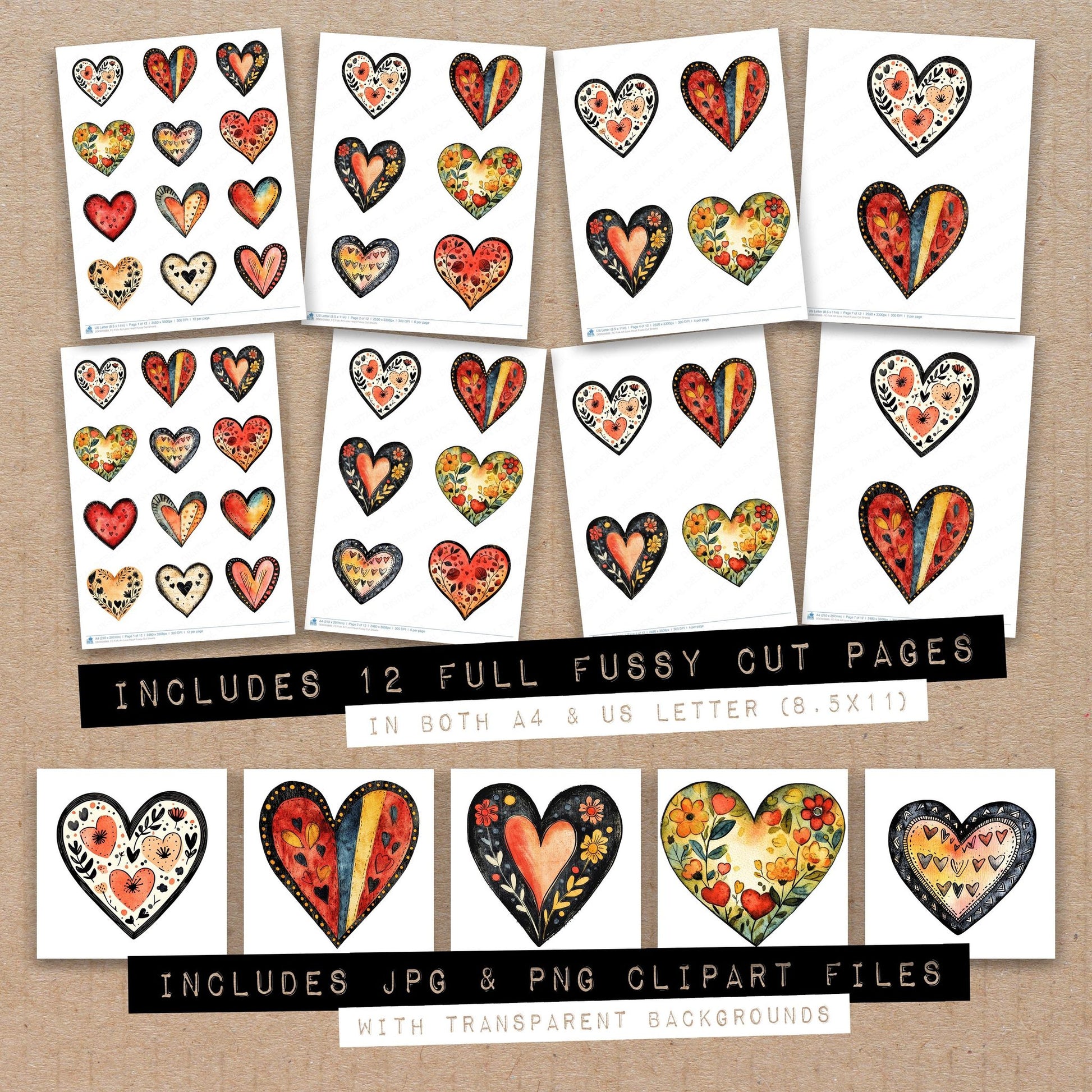 Full collection view of Folk Art Love Heart fussy cut sheets with bonus clipart JPG and PNG files
