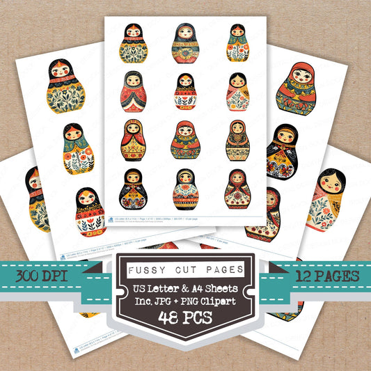 Folk Art Matryoshka Doll fussy cut printable sheets for junk journaling, scrapbooking, and paper craft projects