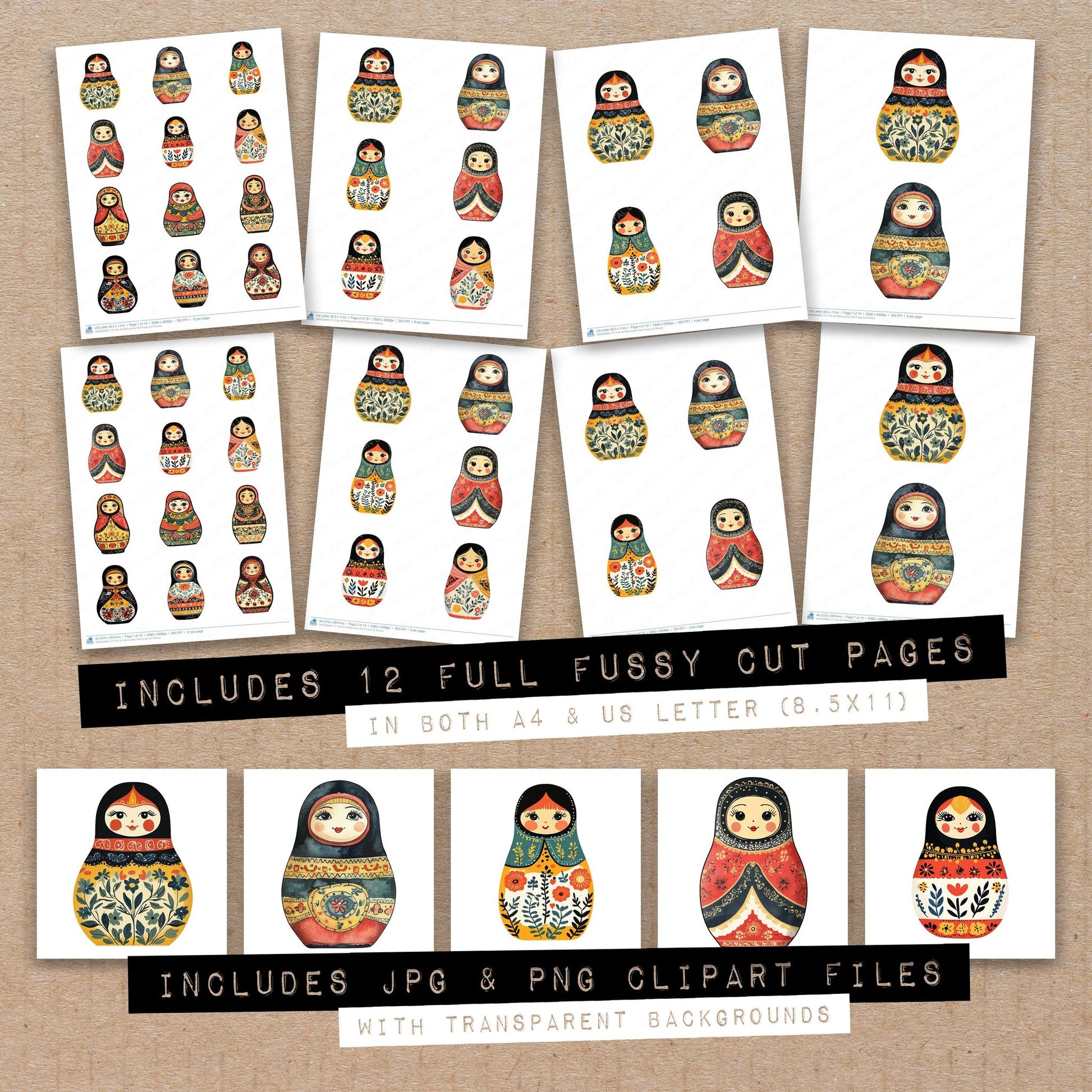 Full collection view of Folk Art Matryoshka Doll fussy cut sheets with bonus clipart JPG and PNG files