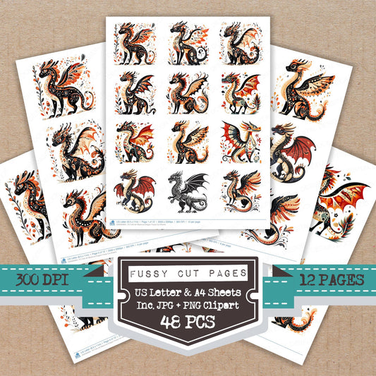 Folk Art Medieval Dragon fussy cut printable sheets for junk journaling, scrapbooking, and paper craft projects