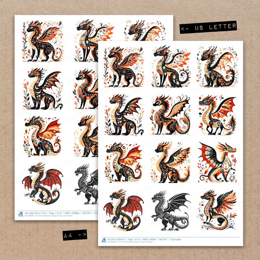 A4 and US Letter format comparison showing Folk Art Medieval Dragon fussy cut pages for print and cut crafting