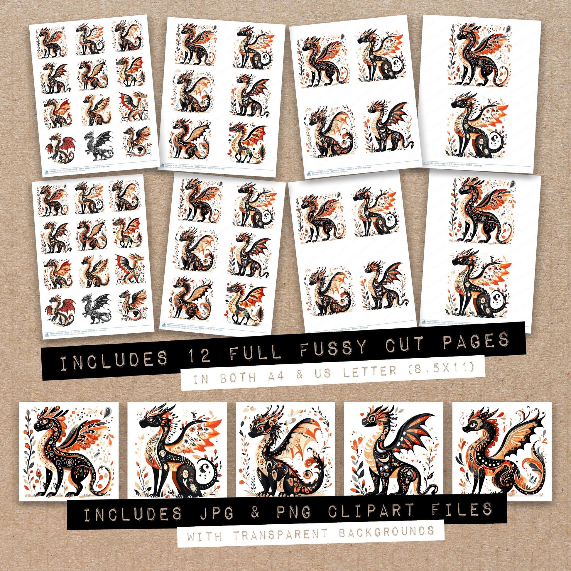 Full collection view of Folk Art Medieval Dragon fussy cut sheets with bonus clipart JPG and PNG files