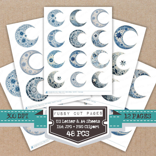 Folk Art Moon fussy cut printable sheets for junk journaling, scrapbooking, and paper craft projects