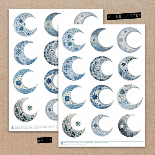 A4 and US Letter format comparison showing Folk Art Moon fussy cut pages for print and cut crafting