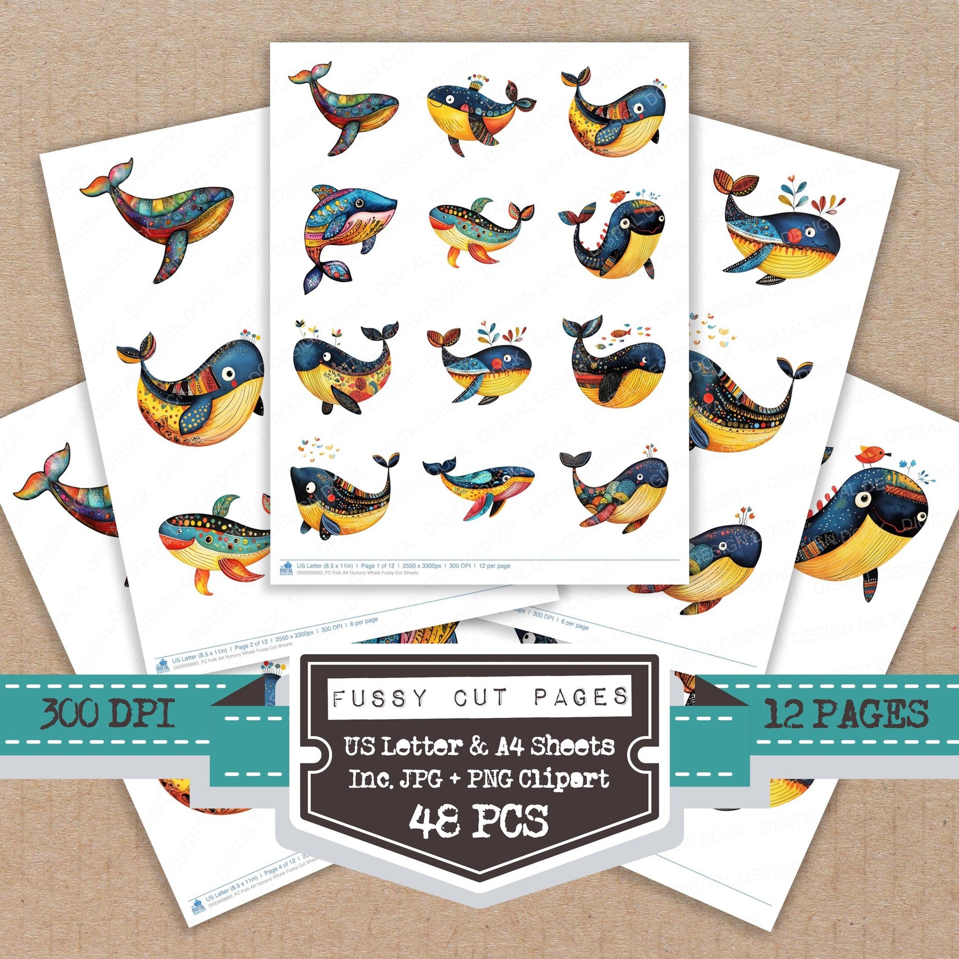 Folk Art Nursery Whale fussy cut printable sheets for junk journaling, scrapbooking, and paper craft projects