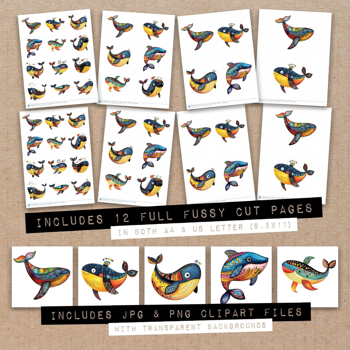 Full collection view of Folk Art Nursery Whale fussy cut sheets with bonus clipart JPG and PNG files