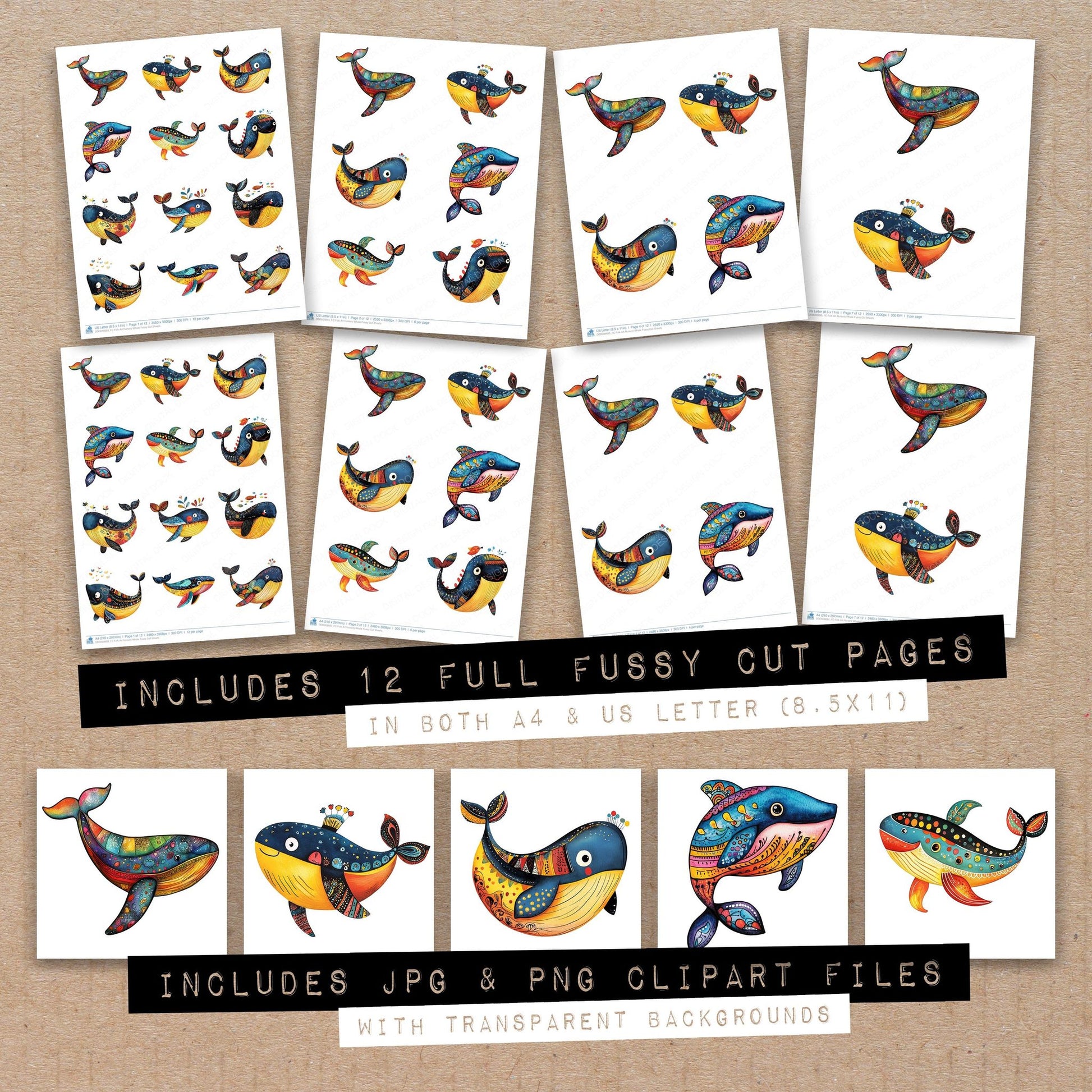 Full collection view of Folk Art Nursery Whale fussy cut sheets with bonus clipart JPG and PNG files