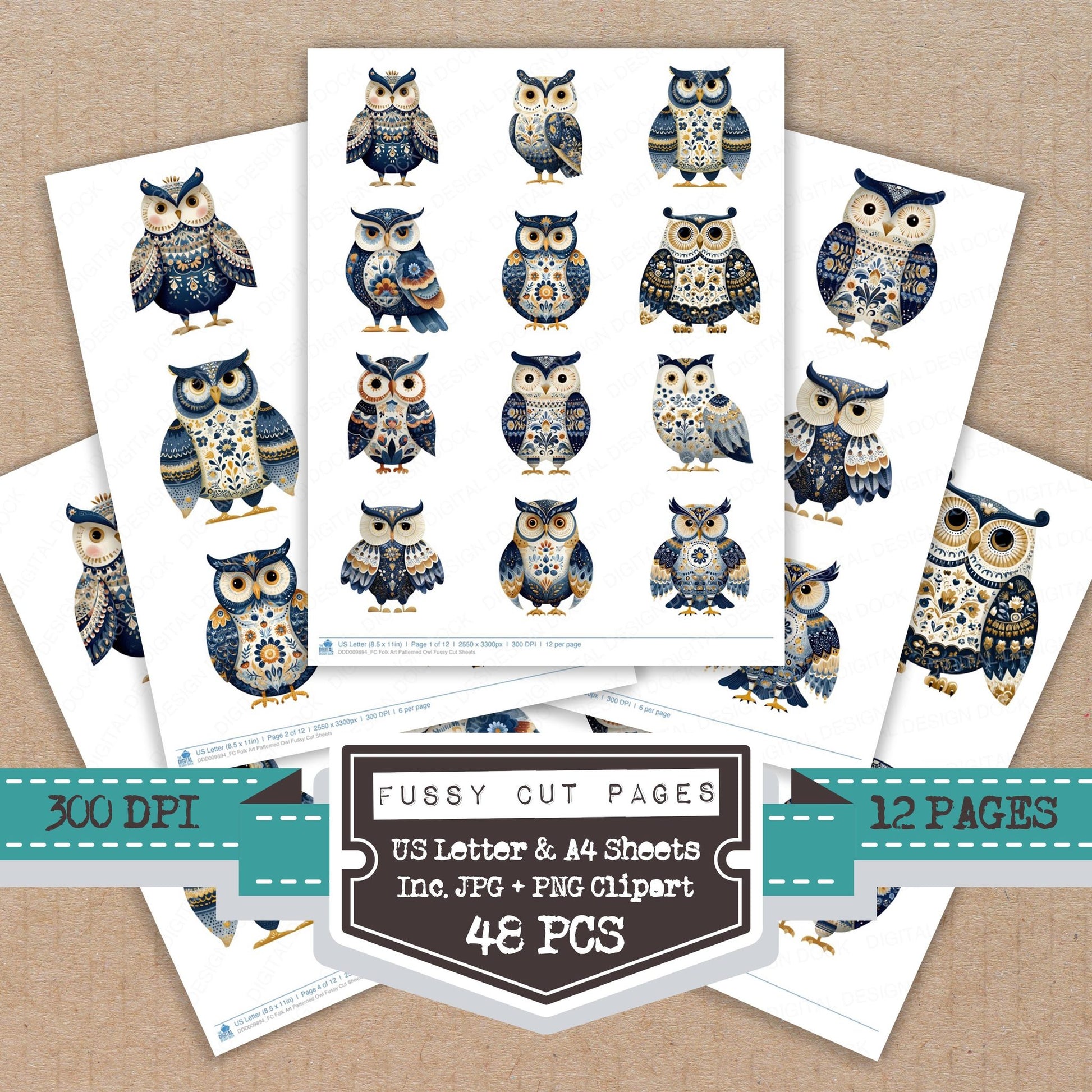 Folk Art Patterned Owl fussy cut printable sheets for junk journaling, scrapbooking, and paper craft projects