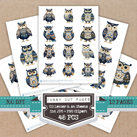 Folk Art Patterned Owl fussy cut printable sheets for junk journaling, scrapbooking, and paper craft projects