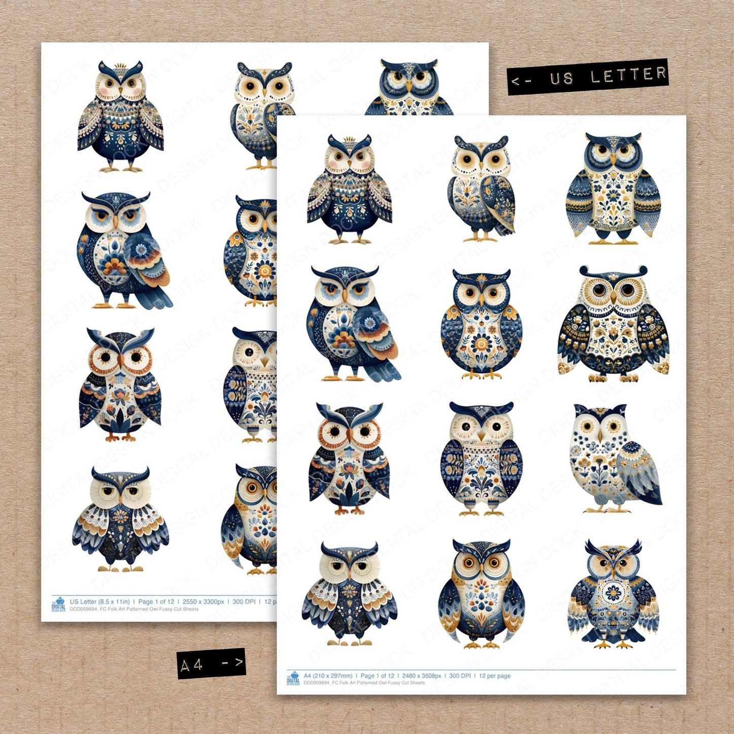 A4 and US Letter format comparison showing Folk Art Patterned Owl fussy cut pages for print and cut crafting