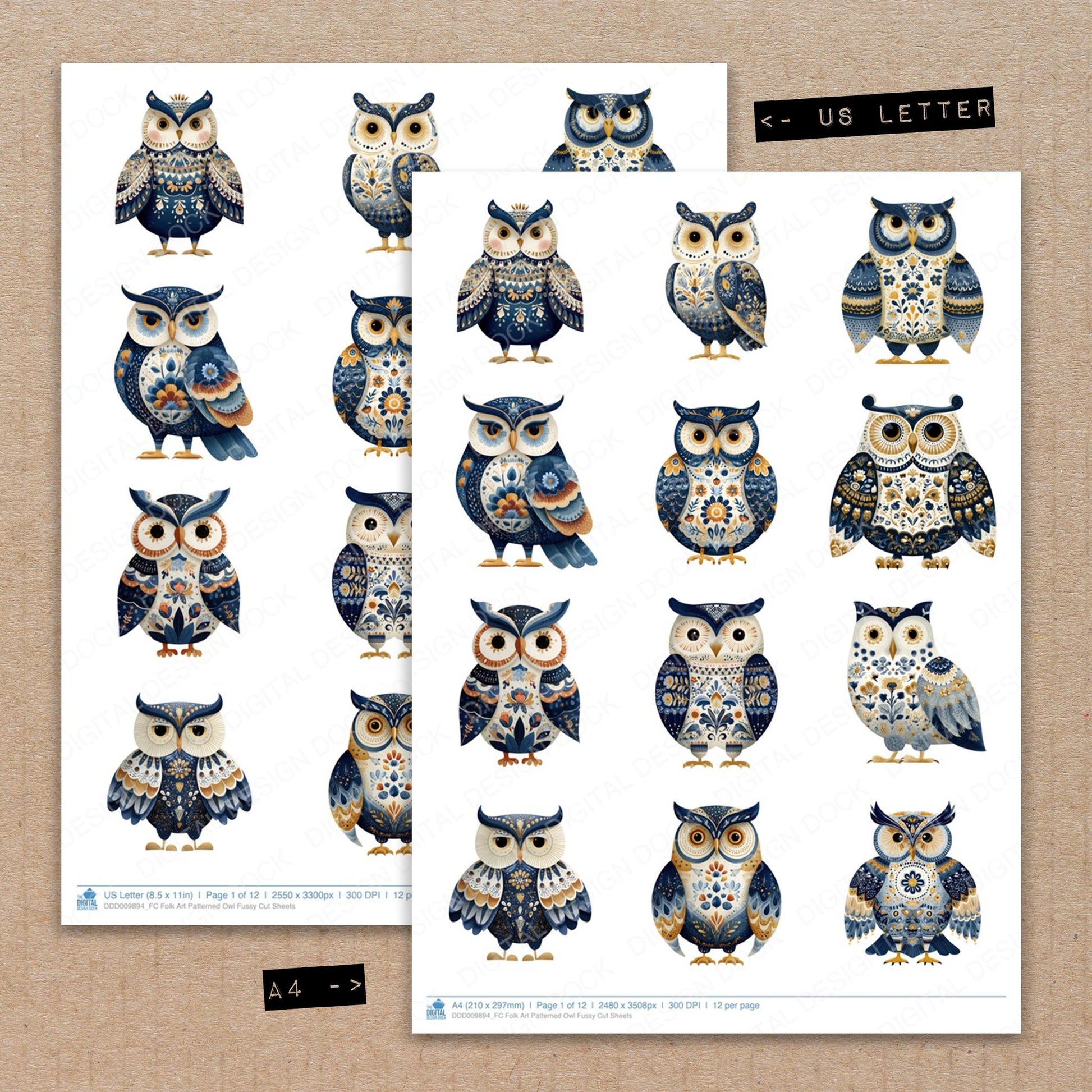 A4 and US Letter format comparison showing Folk Art Patterned Owl fussy cut pages for print and cut crafting