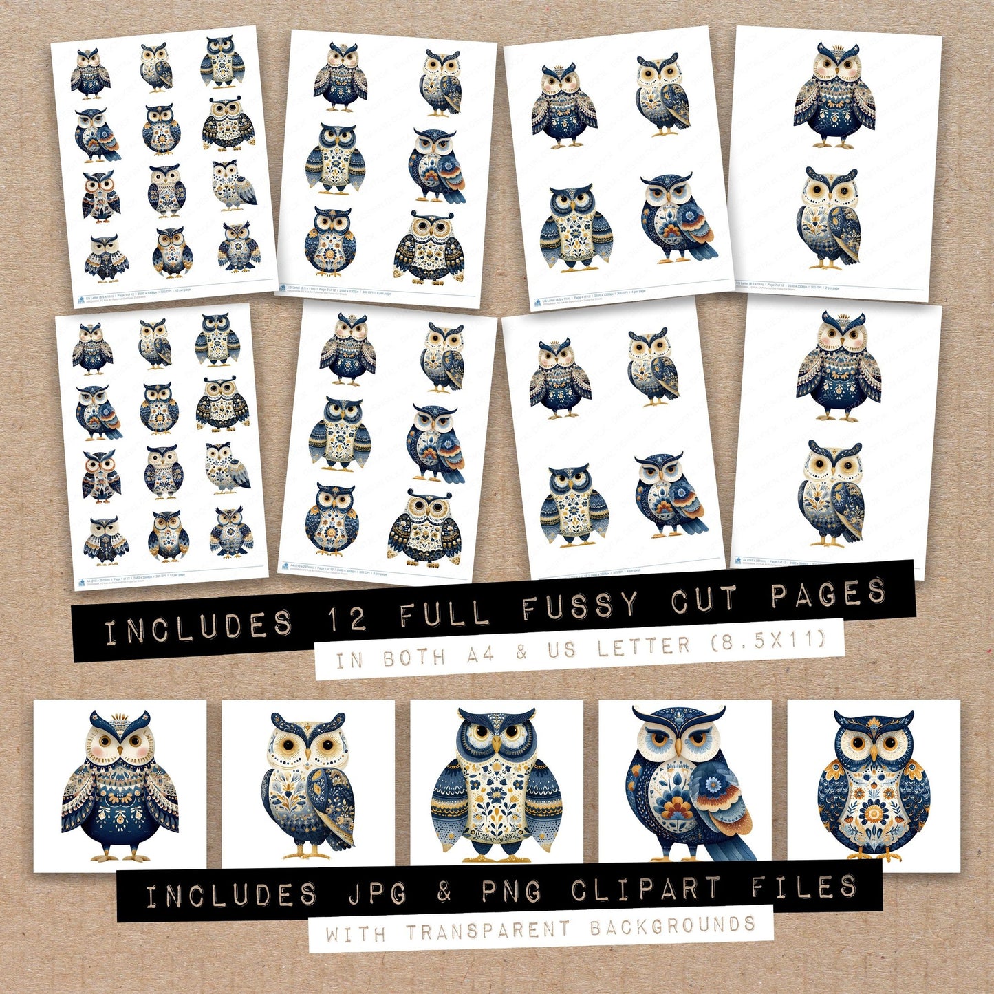 Full collection view of Folk Art Patterned Owl fussy cut sheets with bonus clipart JPG and PNG files