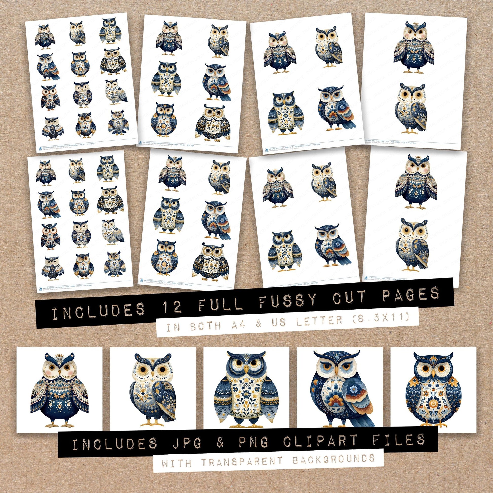 Full collection view of Folk Art Patterned Owl fussy cut sheets with bonus clipart JPG and PNG files