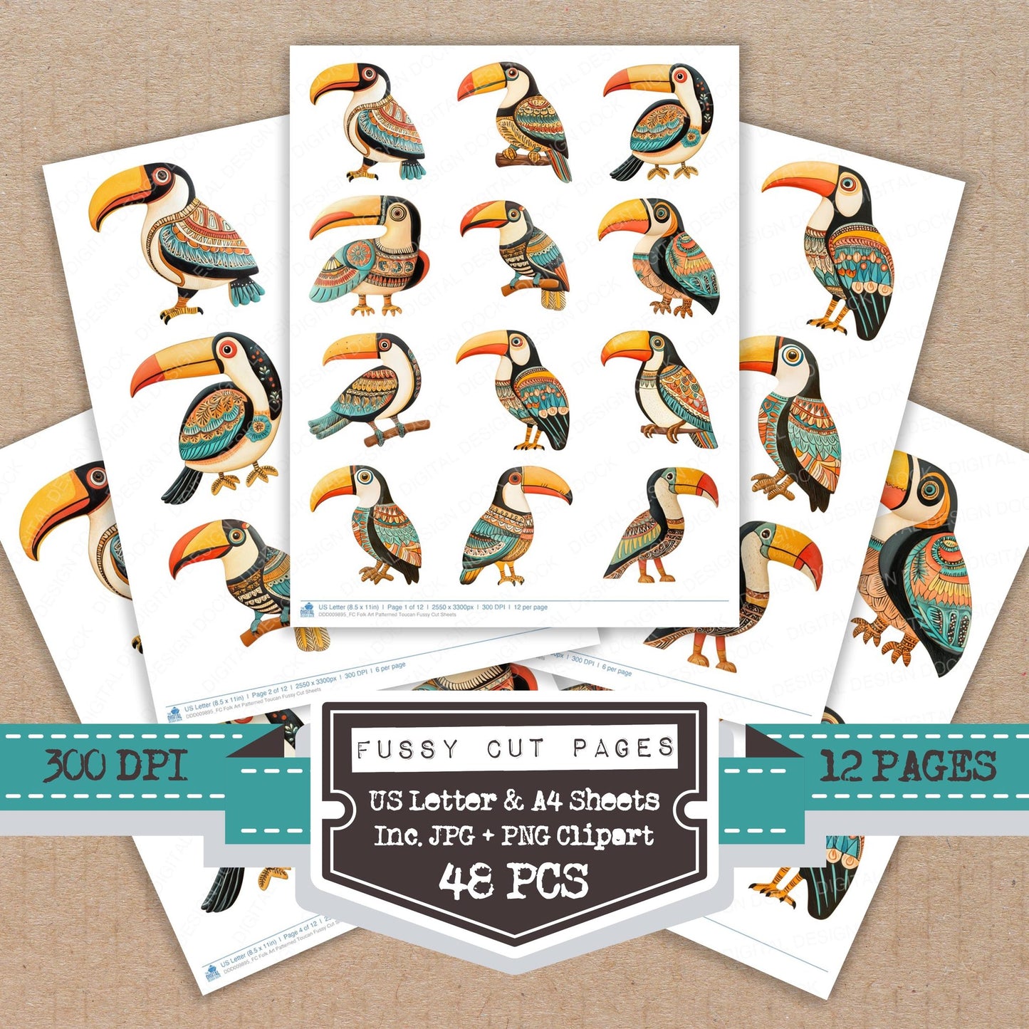 Folk Art Patterned Toucan fussy cut printable sheets for junk journaling, scrapbooking, and paper craft projects