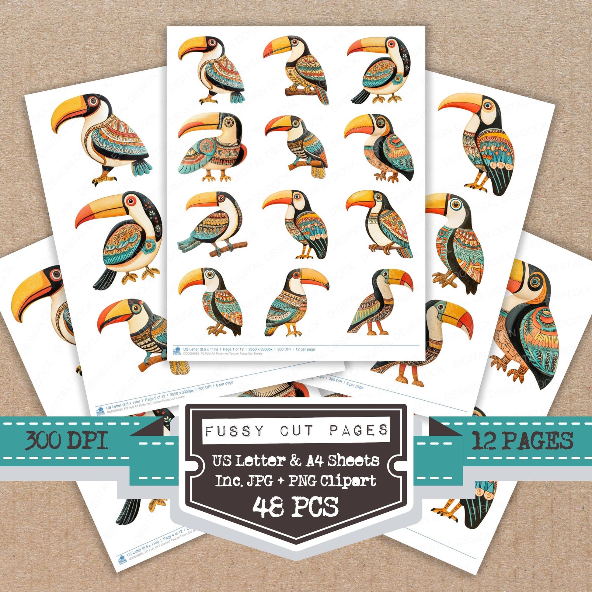 Folk Art Patterned Toucan fussy cut printable sheets for junk journaling, scrapbooking, and paper craft projects