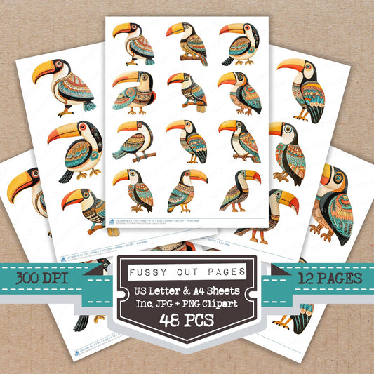 Folk Art Patterned Toucan fussy cut printable sheets for junk journaling, scrapbooking, and paper craft projects