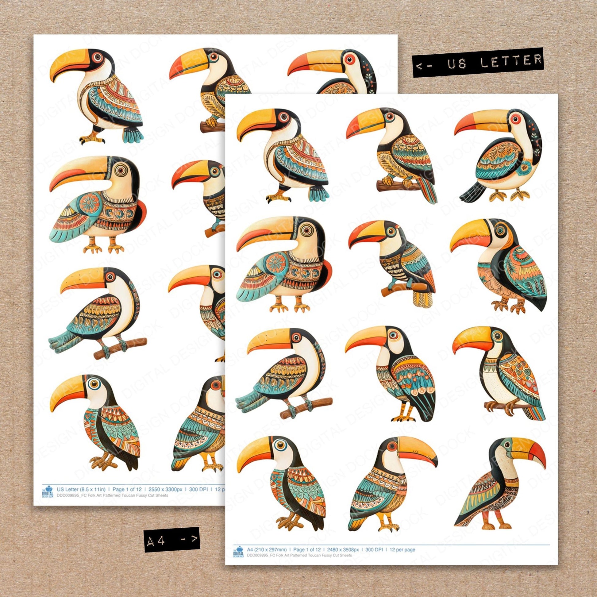 A4 and US Letter format comparison showing Folk Art Patterned Toucan fussy cut pages for print and cut crafting