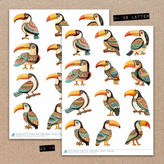 A4 and US Letter format comparison showing Folk Art Patterned Toucan fussy cut pages for print and cut crafting