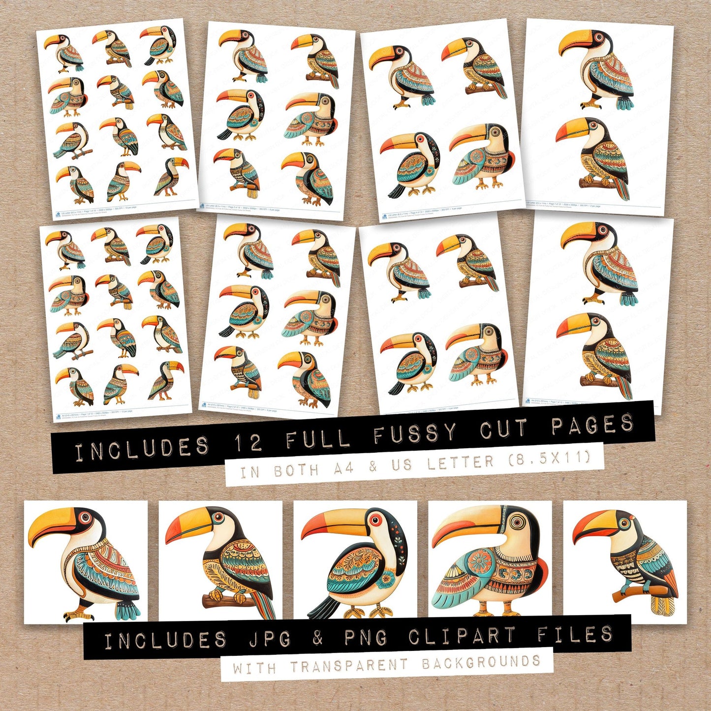 Full collection view of Folk Art Patterned Toucan fussy cut sheets with bonus clipart JPG and PNG files