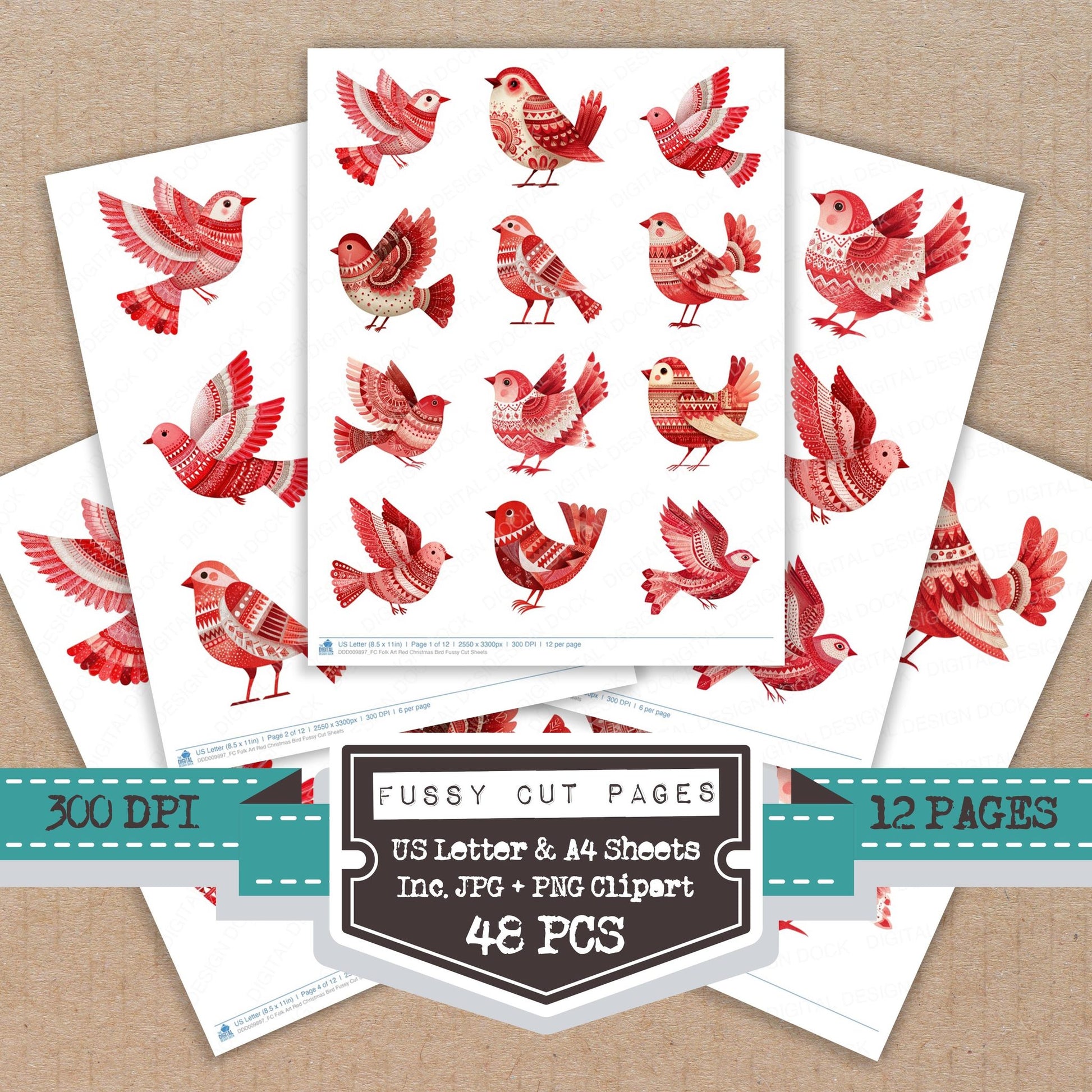 Folk Art Red Christmas Bird fussy cut printable sheets for junk journaling, scrapbooking, and paper craft projects