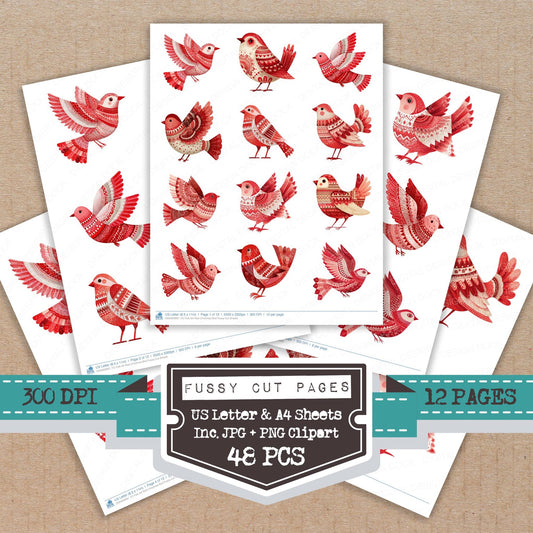 Folk Art Red Christmas Bird fussy cut printable sheets for junk journaling, scrapbooking, and paper craft projects