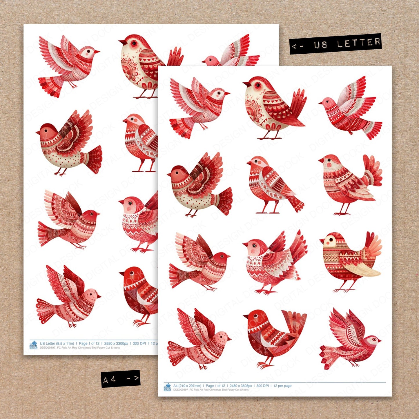 A4 and US Letter format comparison showing Folk Art Red Christmas Bird fussy cut pages for print and cut crafting