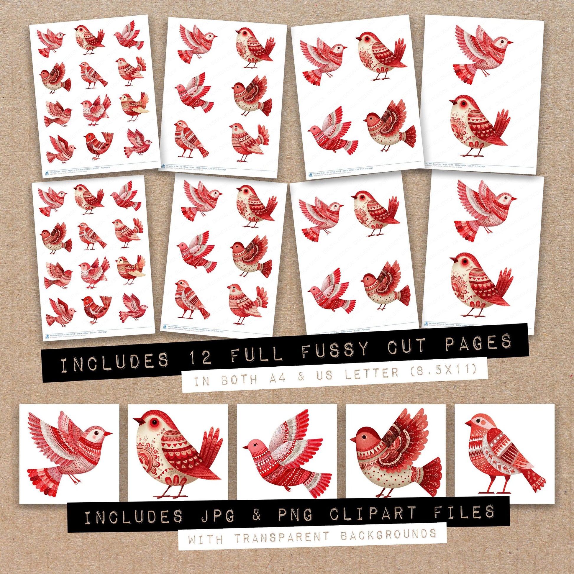 Full collection view of Folk Art Red Christmas Bird fussy cut sheets with bonus clipart JPG and PNG files