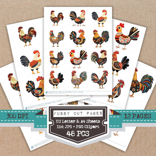 Folk Art Rooster Fussy Cut Sheets (DDD009898)