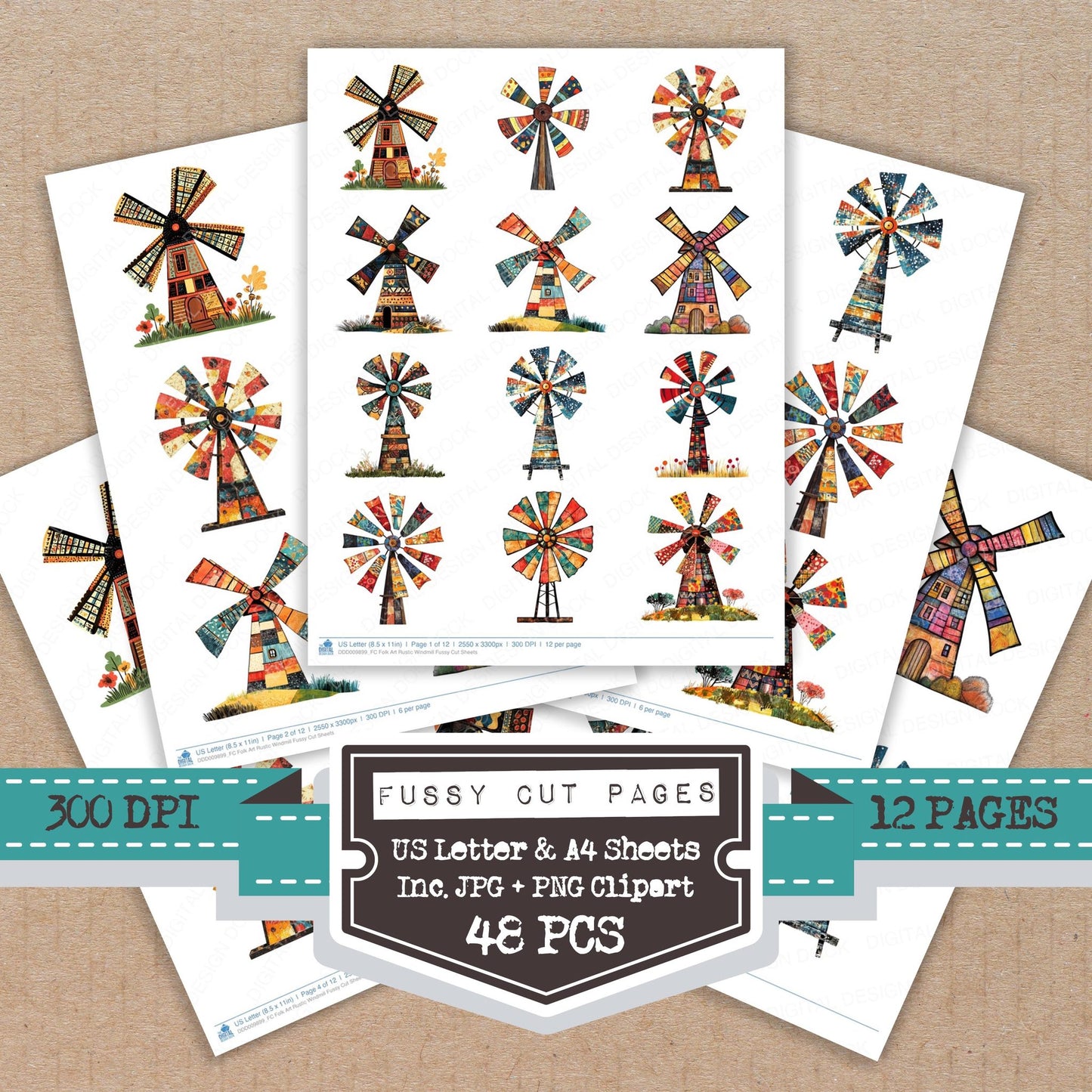Folk Art Rustic Windmill fussy cut printable sheets for junk journaling, scrapbooking, and paper craft projects