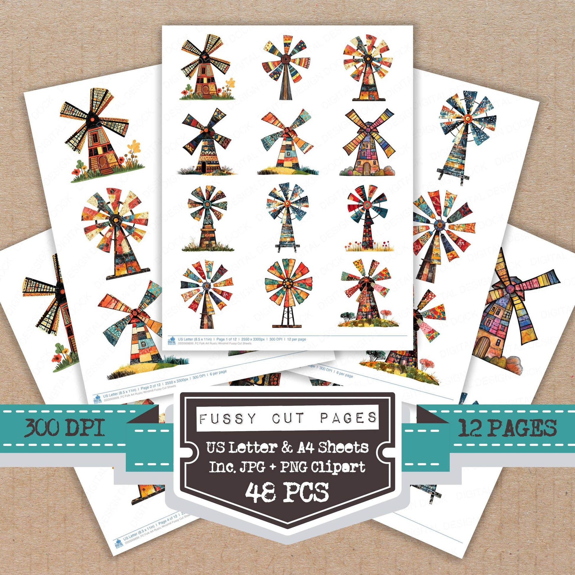 Folk Art Rustic Windmill fussy cut printable sheets for junk journaling, scrapbooking, and paper craft projects
