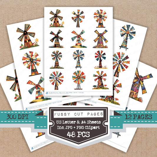 Folk Art Rustic Windmill fussy cut printable sheets for junk journaling, scrapbooking, and paper craft projects