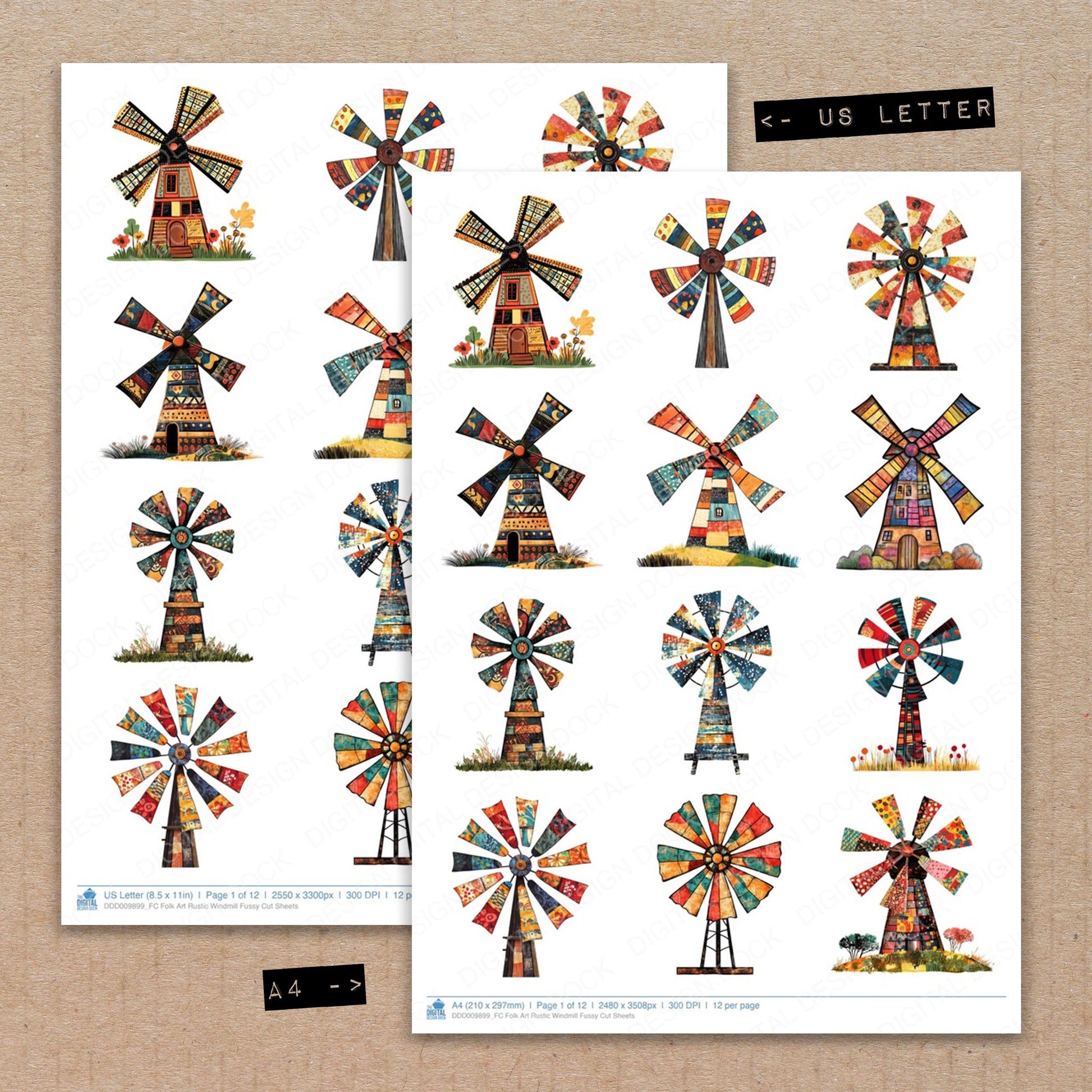 A4 and US Letter format comparison showing Folk Art Rustic Windmill fussy cut pages for print and cut crafting