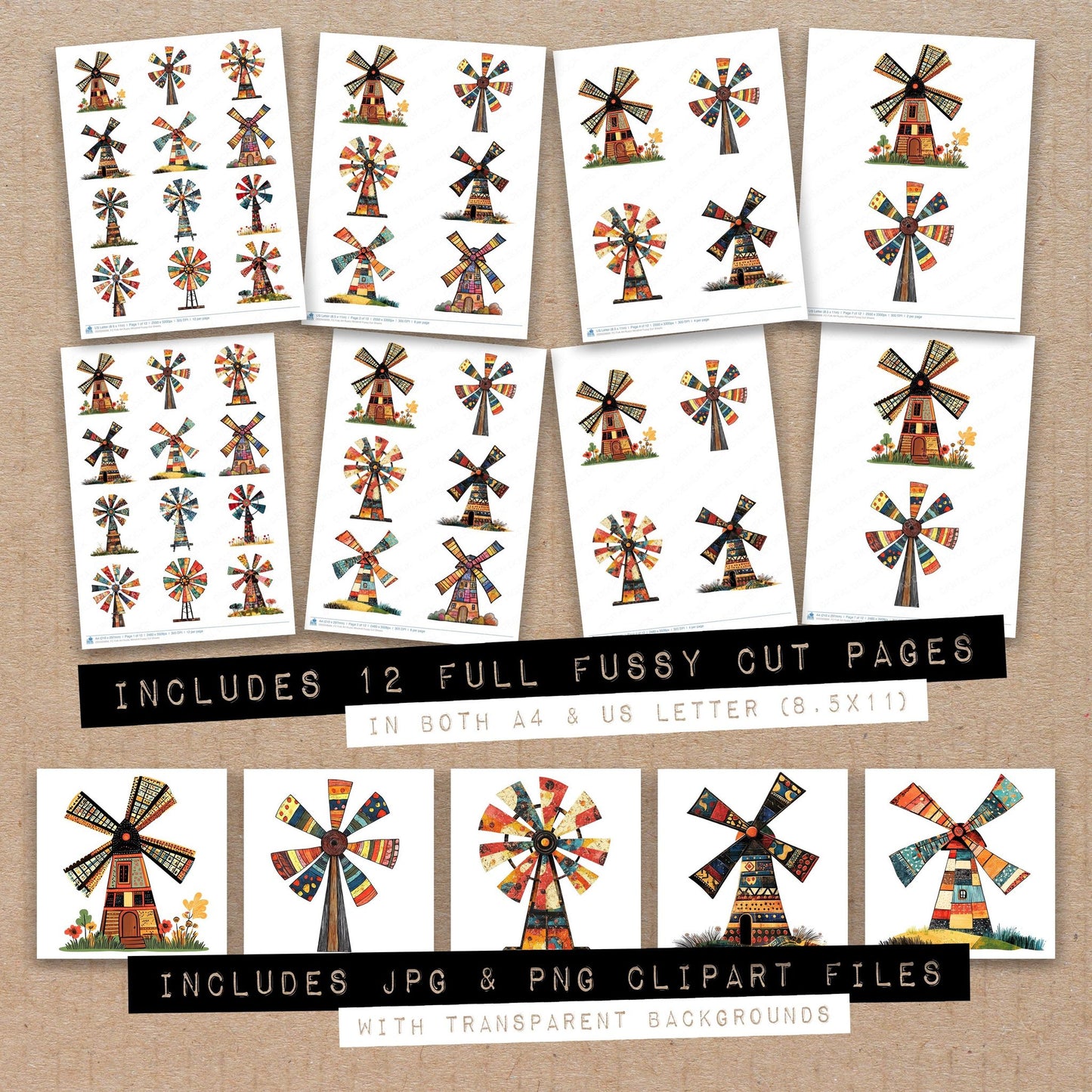 Full collection view of Folk Art Rustic Windmill fussy cut sheets with bonus clipart JPG and PNG files