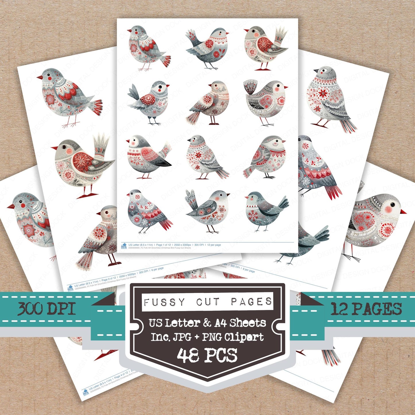 Folk Art Snowflake Christmas Bird fussy cut printable sheets for junk journaling, scrapbooking, and paper craft projects