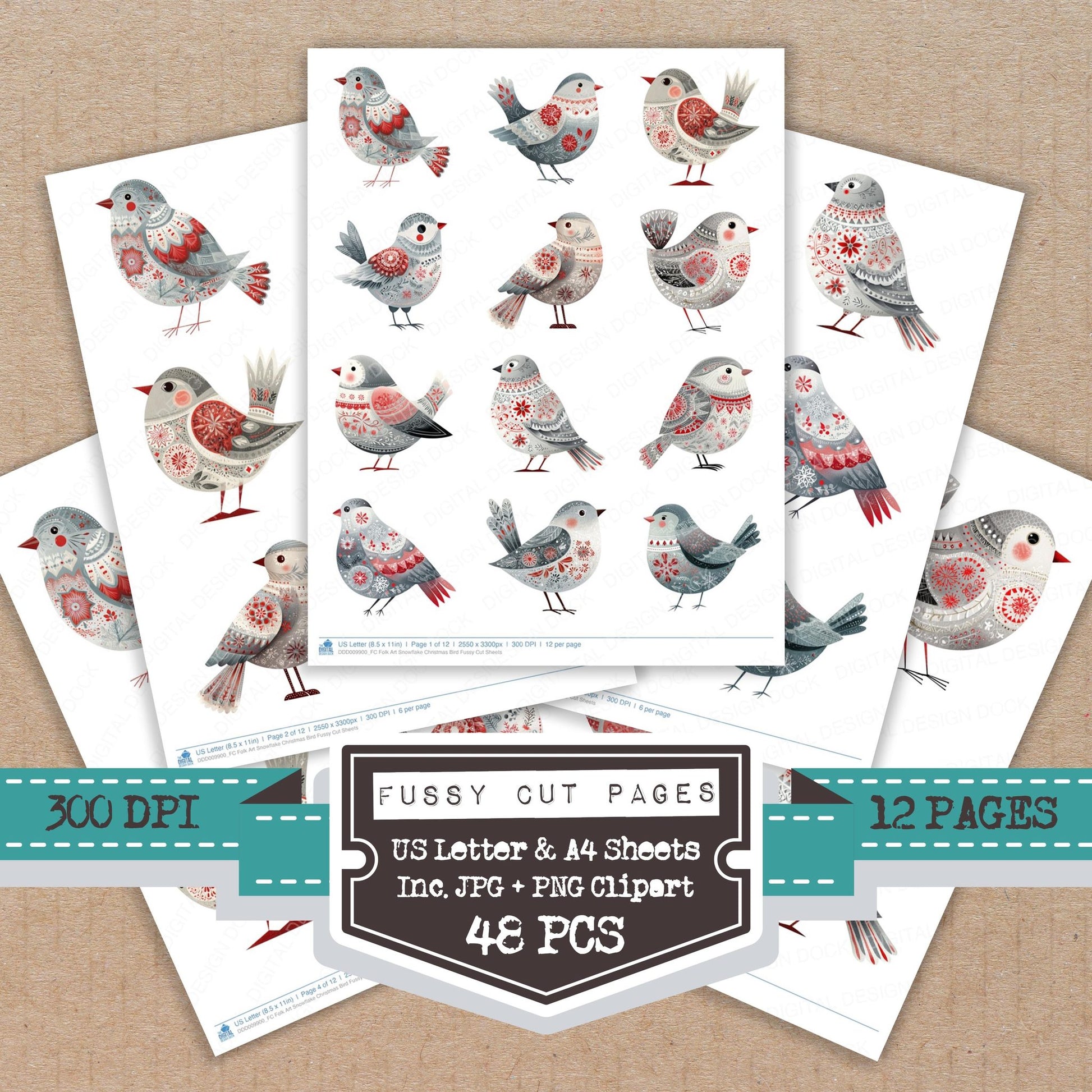 Folk Art Snowflake Christmas Bird fussy cut printable sheets for junk journaling, scrapbooking, and paper craft projects