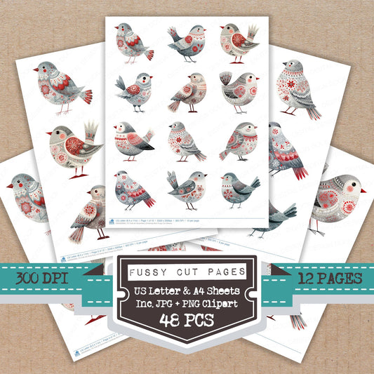 Folk Art Snowflake Christmas Bird fussy cut printable sheets for junk journaling, scrapbooking, and paper craft projects