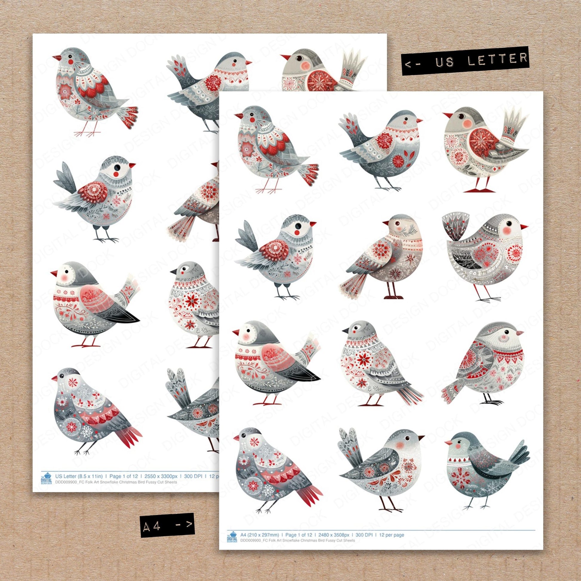 A4 and US Letter format comparison showing Folk Art Snowflake Christmas Bird fussy cut pages for print and cut crafting