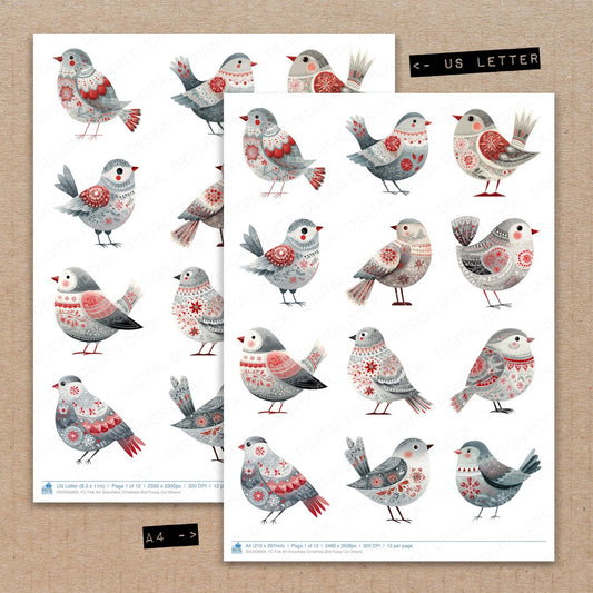 A4 and US Letter format comparison showing Folk Art Snowflake Christmas Bird fussy cut pages for print and cut crafting