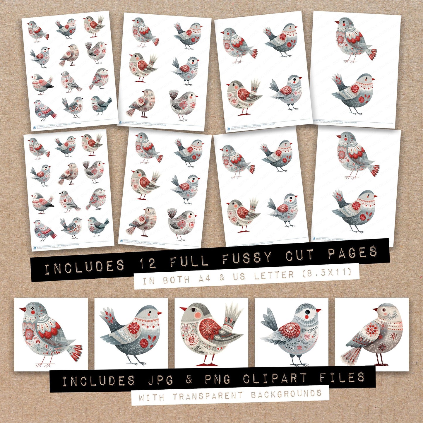 Full collection view of Folk Art Snowflake Christmas Bird fussy cut sheets with bonus clipart JPG and PNG files