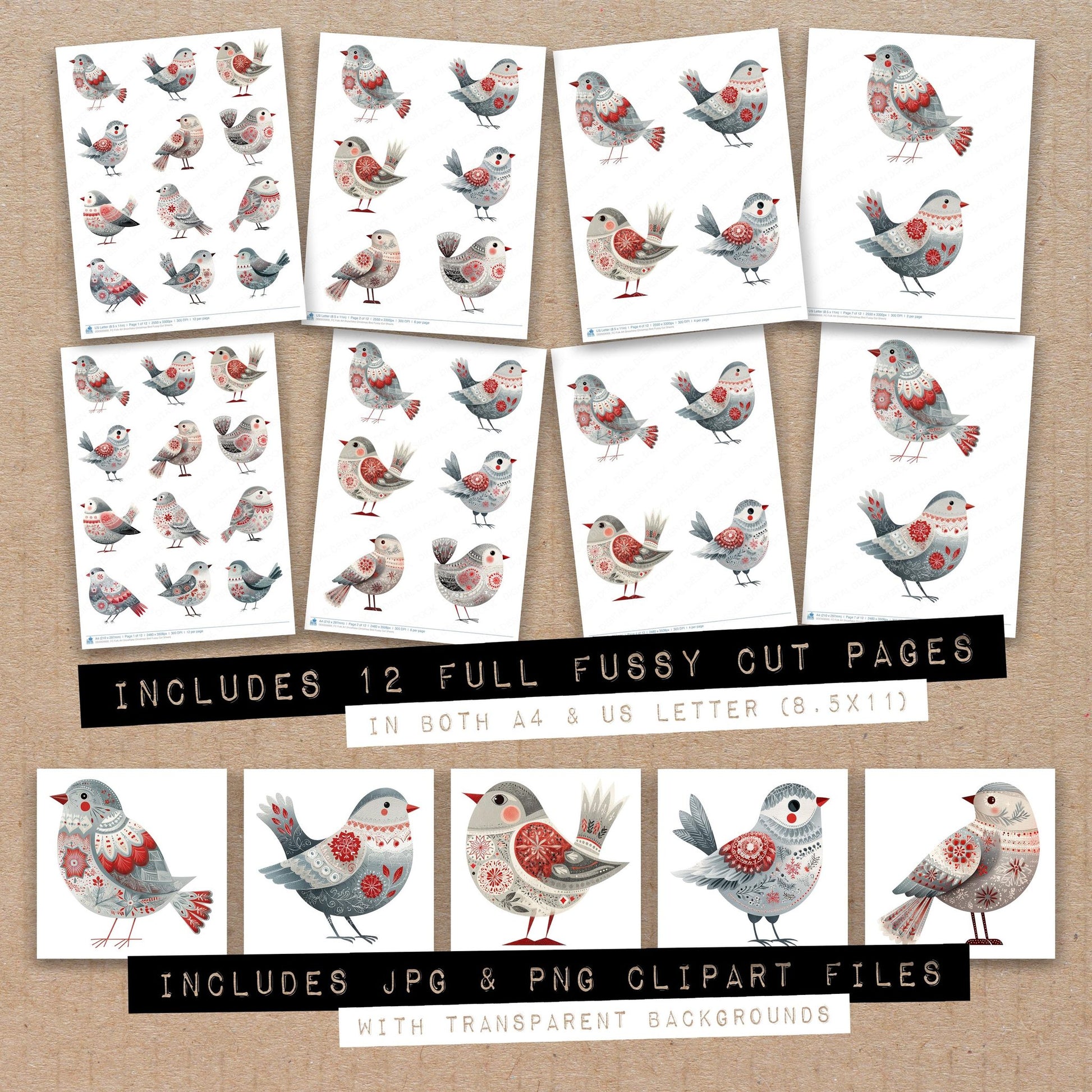 Full collection view of Folk Art Snowflake Christmas Bird fussy cut sheets with bonus clipart JPG and PNG files