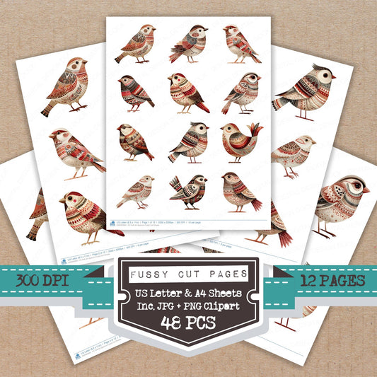 Folk Art Sparrow fussy cut printable sheets for junk journaling, scrapbooking, and paper craft projects